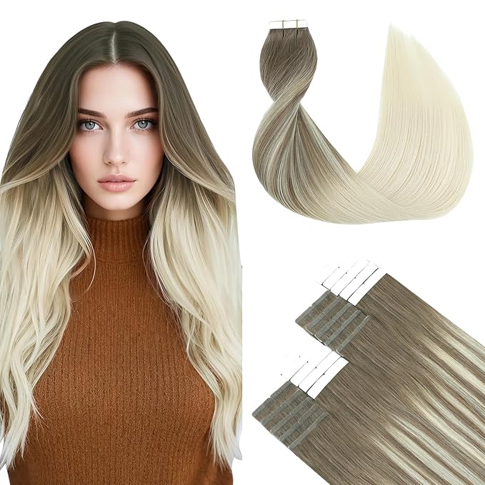 SURNEL Tape in Extensions Human Hair Ombre 8 Ash Brown Fading to 60 Platinum Blonde Tape in Hair Extensions 20 inch 20pcs 50g(#8T60-20)