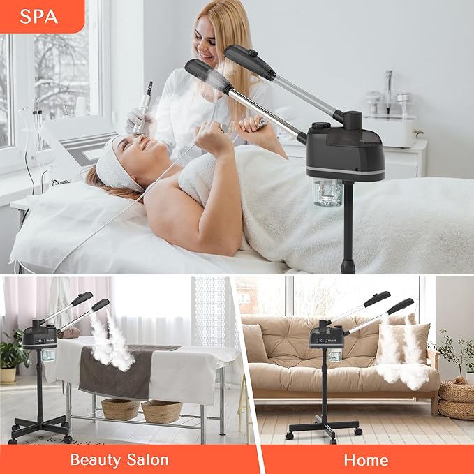 TASALON 2 in 1 Professional Facial Steamer on Wheels -with Ozone and Hot & Cold Mist, Ionic Facial Steamer Kit for Facial Deep Cleaning and Moisturize, SPA & Home, Ozone Face Humidifier - Black