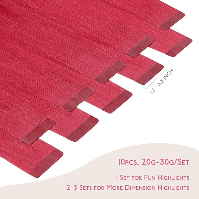 WENNALIFE Tape in Hair Extensions Human Hair Red Tape in Extensions, 10pcs 25g 14 inch Remy Invisible Tape Ins Straight Colored Soft Real Human Hair Tape in Extensions Refill Set Extensions