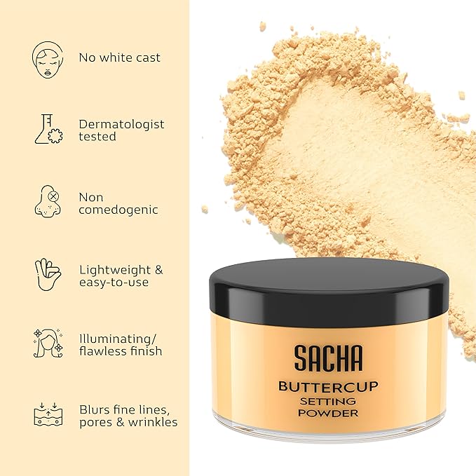 Sacha BUTTERCUP Setting Powder Makeup 1.75 Oz. Translucent Setting Powder for Oily Skin Finishing Powder Loose Powder Makeup Blurring Powder Blurs Fine Lines and Pores For Medium to Dark Skin Tones