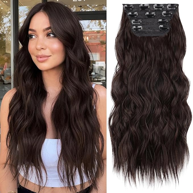 KooKaStyle Clip in Synthetic Hair Extensions Long Wavy 4PCS Thick Hairpieces Chocolate Brown 33Y# Fiber Double Weft Natural Hair Extensions 20 Inch for Women