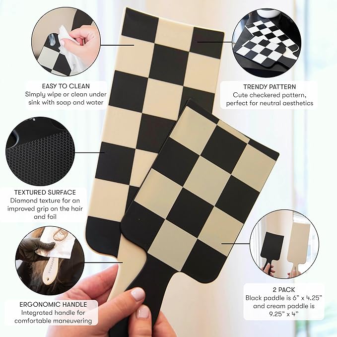 FRAMAR Checkered Balayage Board and Paddle Set - Long and Short Foil For Highlights, Highlighting Board, Hair Salon Supplies, For Enhanced Precision - 2 Pack - Cream and Black