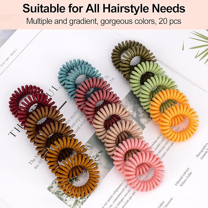 JessLab Spiral Hair Bobbles, Pack of 20 Traceless Telephone Cable Hair Bobbles No Wrinkles Spiral Bracelet Plastic Coil Ponytail Holder No-Damage Headband Hair Accessories for Girls Women Ladies Gift