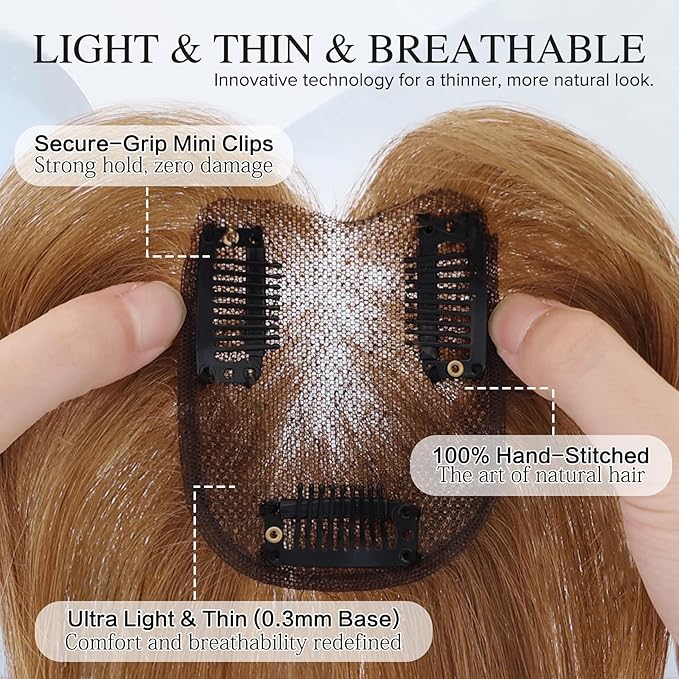 WECAN Hair Toppers for Women Real Human Hair 3D Bangs Clip 100% Human Toppers for Women 10 Inch Clip in Bangs Hairpieces(Light Brown)