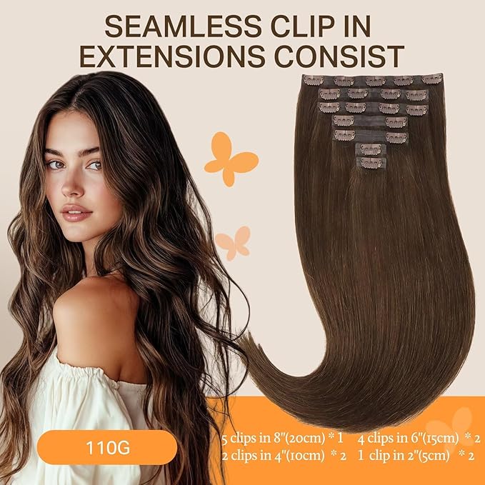 DOORES Clip in Hair Extensions Seamless, Chocolate Brown 18 Inch 110g 7pcs, Human Hair Extensions Seamless Clip ins Straight for Women Invisi Edge