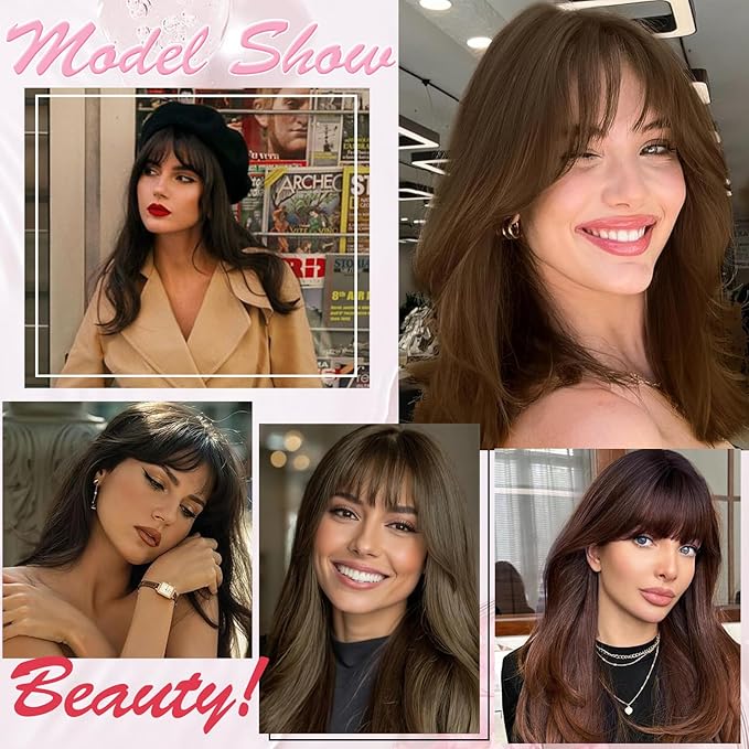 Hair Toppers for Women Real Human Hair Clip in Bangs 360° Cover Remy Human Hair Topper with Bangs for Thinning Realistic Scalp Upgrade Swiss Lace Base Hairpieces Cover Gray Hairy Roots Caramel Brown