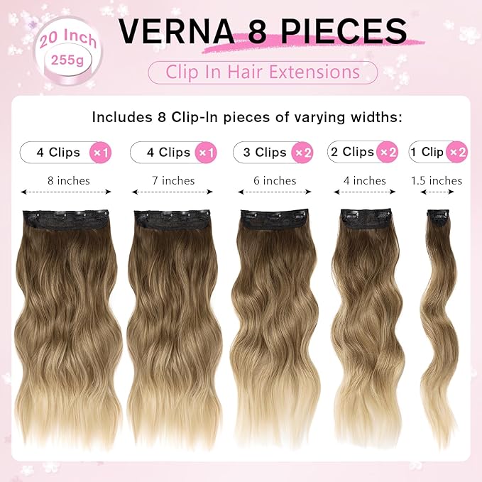 Clip in Hair Extensions for Women, 20 Inch 8PCS Long Wavy Omber Blonde Hair Extensions Clip Ins, Synthetic Soft Hairpieces for Women
