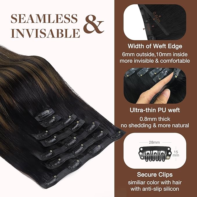 GOO GOO Clip in Hair Extensions Real Human Hair, Remy Human Hair Extensions Clip ins for Women, Natural Human Hair, 20inch 150g 7Pcs, 1B/6/1B Balayage Natural Black to Chestnut Brown