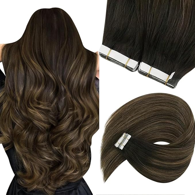 Sunny Hair Tape in Hair Extensions Human Hair 18 Inch Hair Extensions Real Human Hair Tape in Extensions for Women Darkest Brown Ombre Medium Brown Balayage Remy Hair Straight Skin Weft 40pcs 100g