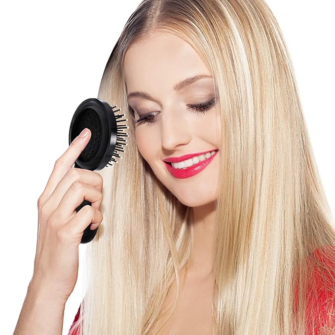 Boao 2 Pack Foldable Travel Mirror Hair Brushes Round Portable Folding Pocket Hair Brush Mini Comb Compact Travel Size Massage Comb for Men Women(Black)
