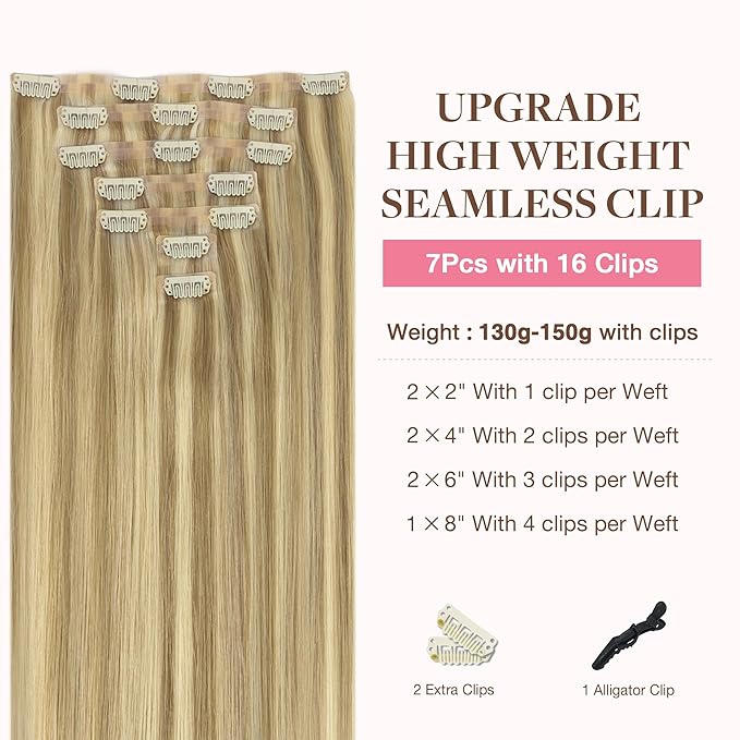 GOO GOO Clip in Hair Extensions Real Human Hair, Remy Human Hair Extensions Clip ins for Women, Natural Human Hair, 18inch 130g 7Pcs, 16/22 Light Blonde Highlighted Golden Blonde