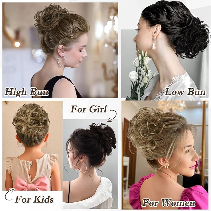 RUWISS Large Messy Bun Hair Piece 100% Human Hair Layered Wavy Curly Hair Buns Hair Piece for Women Updo Hairpiece for Daily Wear Real Hair Scrunchies Ponytail Extension (Brown Mixed Light Blond)