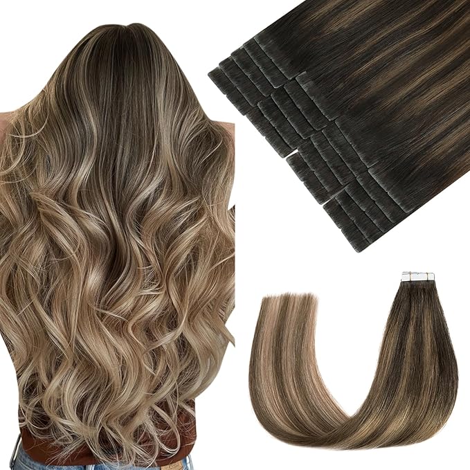 Pinkpearl Invisible Tape in Hair Extensions Human Hair, 20pcs 22inch 60g #2/6/18 Balayage Dark Brown to Chestnut Brown and Ash Blonde Injection Tape in Extensions Real Remy Human Hair Injected