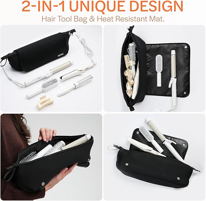 Aerotrunk Hair Tools Organizer - Hot Hair Tools Travel Bag with Heat Resistant Mat, Large Capacity Pouch for Flat Irons, Curling Wands, Hair Dryers - Black