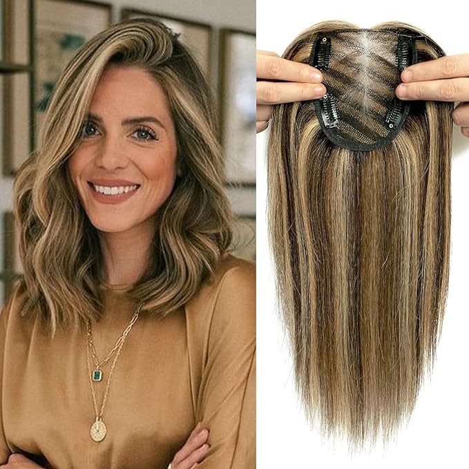 YAMI Hair Toppers for Women with Thinning hair 100% Real Human Hair Toppers 40g Human Hair Toppers for Women Clip In Hair Topper Swiss Base 12inch Medium Brown with Highlight