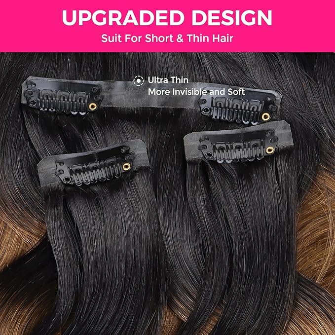 Lashey Seamless Clip in Hair Extensions Human Hair 18 Inch 110g 7pcs Body Wave Ombre Natural Black to Medium Auburn PU Clip in Hair Extensions for Women