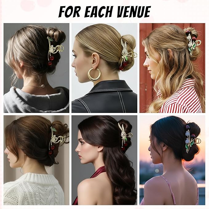 3 Pack Metal Cherry Hair Claw Clips with Rhinestones, Cute Rabbit & Squirrel Gold Clamps, 4.3 Inch Large Non-Slip Jaw Clips for Thick Hair, Summer Coquette Aesthetic (Red & Gold)