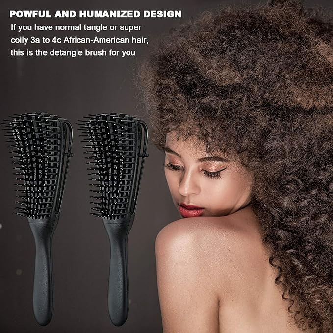 2 Pieces Detangling Brush for Afro America/African Hair Textured 3a to 4c Kinky Wavy/Curly/Coily/Wet/Dry/Oil/Thick/Long Hair, Knots Detangler Easy to Clean (Black)