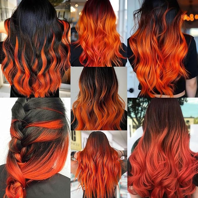 16 Pcs Colored Hair Extensions Curly Wavy Clip in Synthetic Hairpiece Streak for Girls Women Kids, Colorful Christmas New Year Party Highlights Cosplay Festival Gift(Orange)