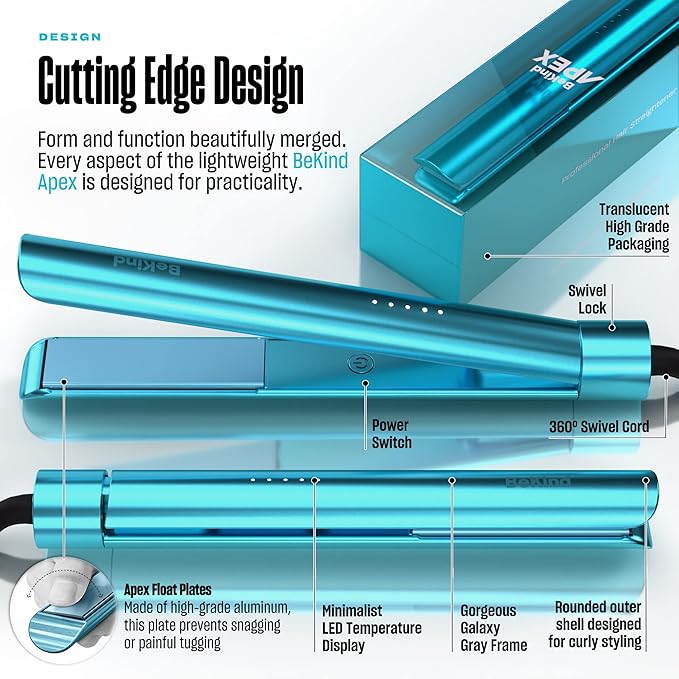 Bekind Apex 2-in-1 Hair Straightener Flat Iron | 1“ 460°F Straightener & Curler for All Hairstyles | UltraSmooth Tech | 15s Fast Heating & Temp Memory | Gift Set for Girls Women (Crystal Blue)