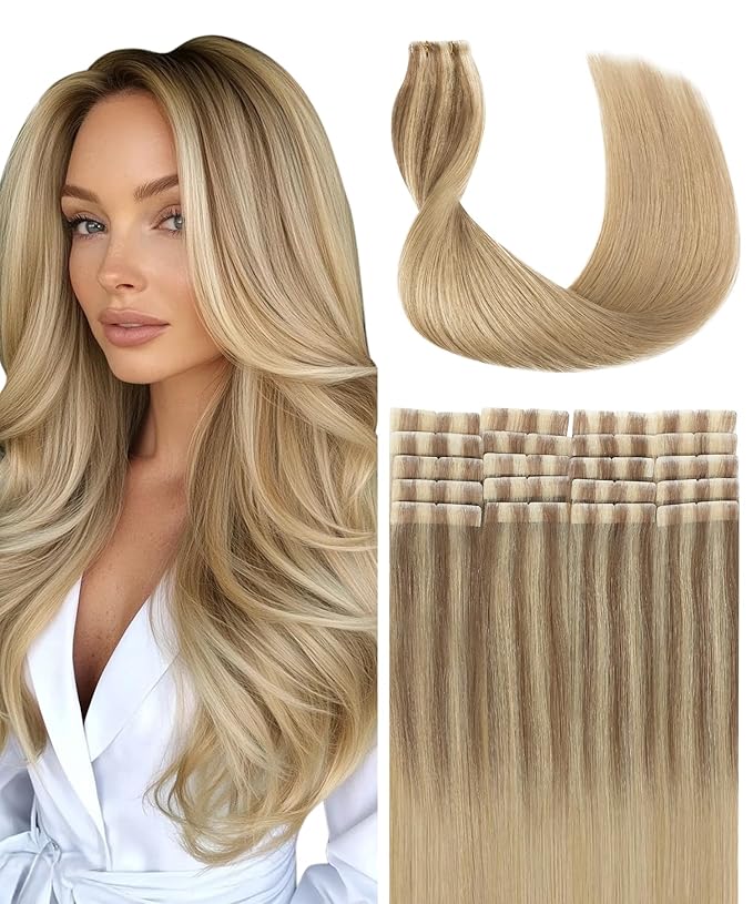 SURNEL Injected Tape in Hair Extensions Human 20Inch Golden Brown to Caramel Blonde Natural Real Hair Upgraded Seamless Remy Invisible Tape in Extensions 20Pcs 45g(#102727,20)