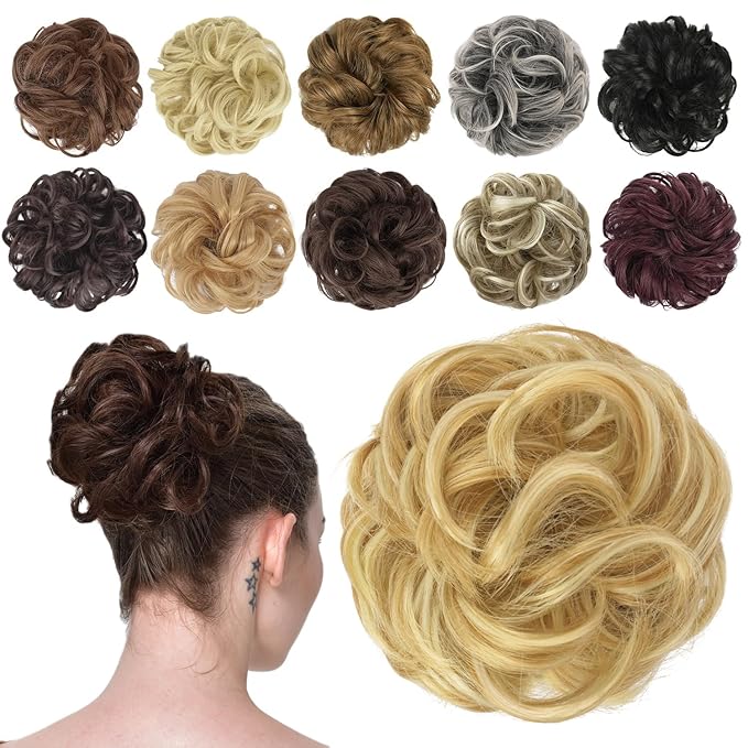 FESHFEN Messy Bun Hair Piece - Elastic Wavy Curly Hair Bun Scrunchies Extensions Synthetic Chignon Hairpieces for Women Girls, Strawberry Blonde & Bleach Blonde 1.5 oz
