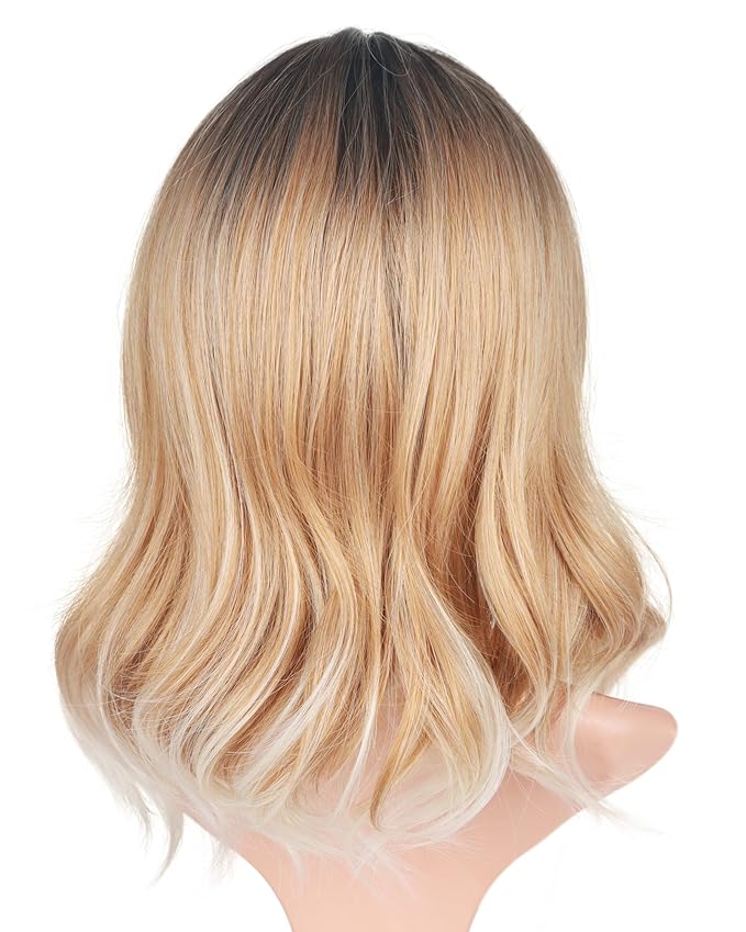 Short Curly Ombre Blonde Bob Hair Wigs For Women Synthetic Middle Part Wig With Brown Roots Party Costume Cosplay Wig (Ombre Blonde-9143)