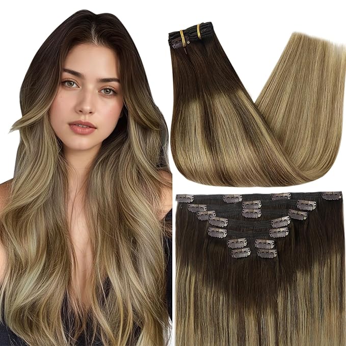 Full Shine Hair Extensions Clip ins Brown Balayage 12 Inch Dark Brown Ombre Light Brown Highlights Caramel Blonde Clip in Real Hair Extensions for Short Thin Hair 95 G 7 Pcs