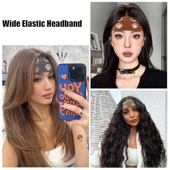 papasgix Grommet Headband for Women, Y2K Elastic Headband Wide Black Hair Band with Holes Metal Rock Style 2000s Hair Accessories (1, Deep Coffee)