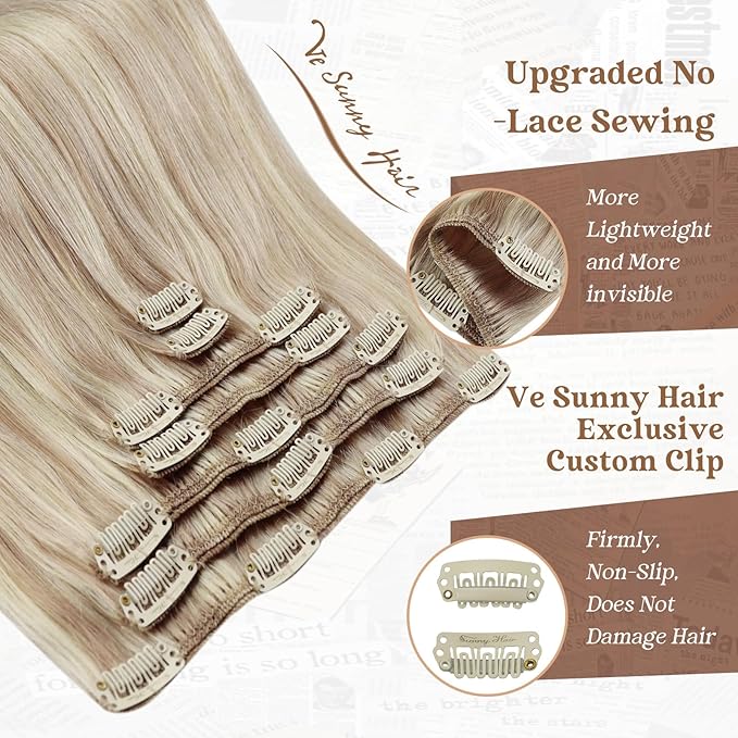Ve Sunny 24 inch Remy Clip in Hair Extensions Long Human Hair Extensions Blonde Highlight for Women Warm Color Real Human Hair Clip in Extensions Straight 120g 7pcs