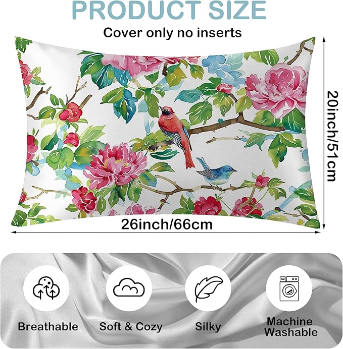 Satin Pillowcase 1 Pack-Pink Roses Flowers and Red Birds Silky Pillow Cover for Hair and Skin,Standard Size 20x26 Inch Soft Cooling Printed Pillow Cases with Hidden Zipper,Gifts for Women Men