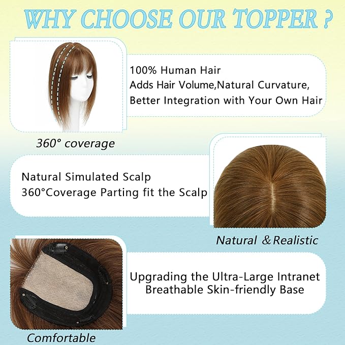 Hair Toppers for Women Real Human Hair, 360°3D Bangs Clip Human Toppers for Women with Thinning hair Realistic Scalp Line (Black, 3D French Bangs(11 * 7)) (Light Brown, 14 Inch Wispy Bangs)