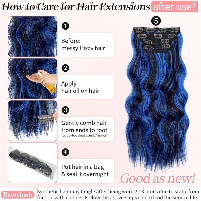 KooKaStyle Clip in Long Wavy Synthetic Hair Extension 20 Inch Blue - Black Streak 4PCS Thick Hairpieces Fiber Double Weft Hair for Women