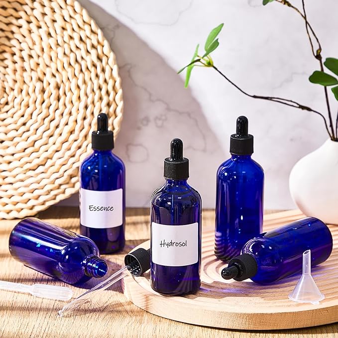 Tessco for you 20 Pack 3.4 oz Glass Dropper Bottles with Glass Eye Droppers for Essential Oils, Empty Oil Bottles with Funnel, Labels and Pipette for Hair Oils Perfume Cosmetic Travel(Blue)