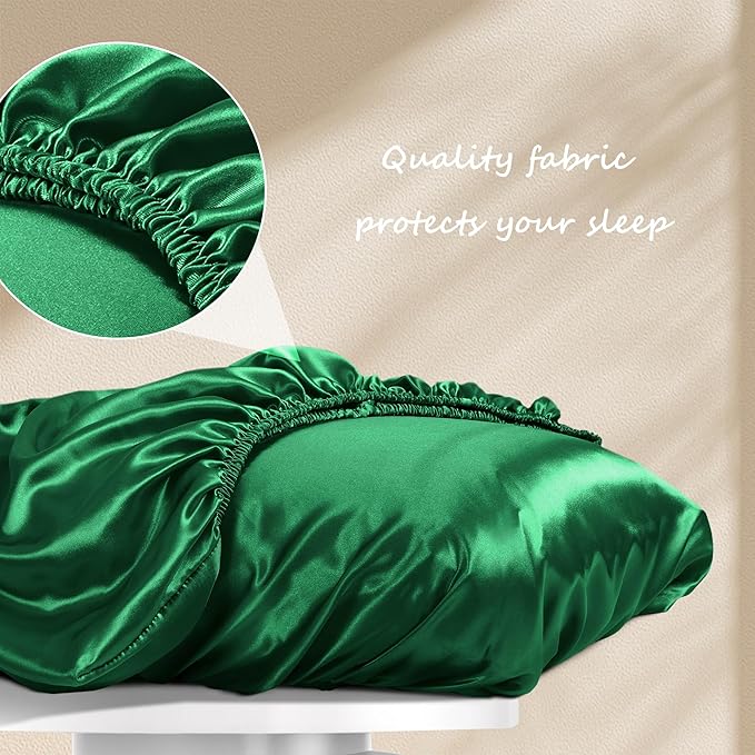 Manyshofu Satin Pillowcases for Hair Protection - 1Pcs Green Pillow Cases, Elastic Band Standard & Queen Satin Pillowcases Luxury Silky Pillow Cases Travel Pillow Covers