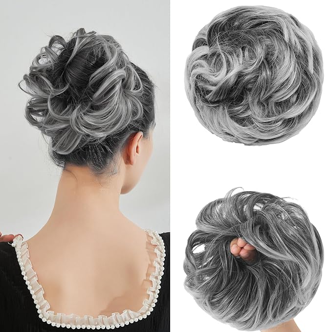 Large Messy Bun Hair Piece Curly Synthetic Extensions Scrunchies Fake Chignon Updo Hairpieces for Women Light Gray
