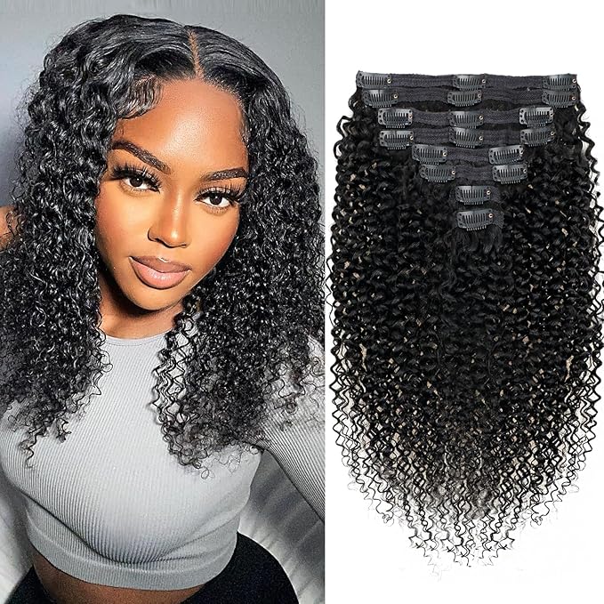 Kinky Curly Clip in Hair Extensions Real Human hair For Women Brazilian Virgin 3c 4a Curly Clip ins Human Hair Extensions (16inch,#1B)