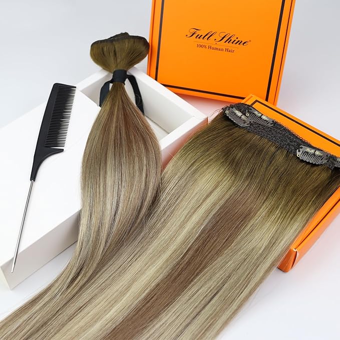 Full Shine Ombre Hair Extensions Clip in Human Hair Dark Brown Roots Ash Brown Mix Medium Blonde Lace Weft Clip in Hair Extension for Women 18 Inch 3 PCS 60 G