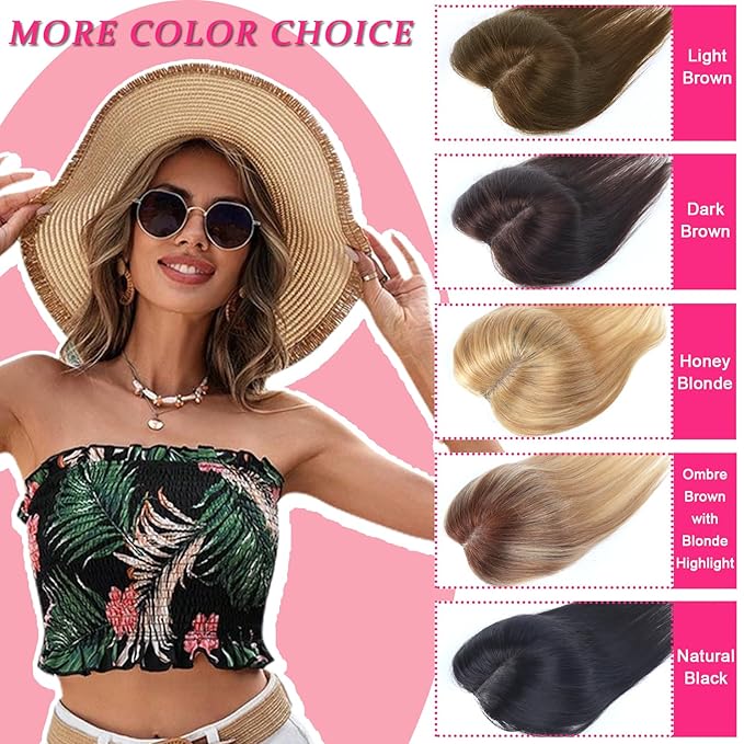 Hair Toppers for Women Real Human Hair Topper Upgrade Swiss Lace Middle Part Clip in Bangs Remy Human Hair Straight Hairpieces for Thinning Realistic Scalp 360° Cover Gray Hairy Roots Caramel Black