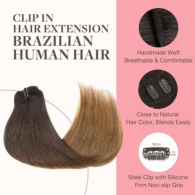 GOO GOO Clip in Hair Extensions Real Human Hair, Remy Human Hair Extensions Clip ins for Women, Natural Human Hair, 14inch 120g 7Pcs, 1D/2C/4E Chocolate Dip Color Melt