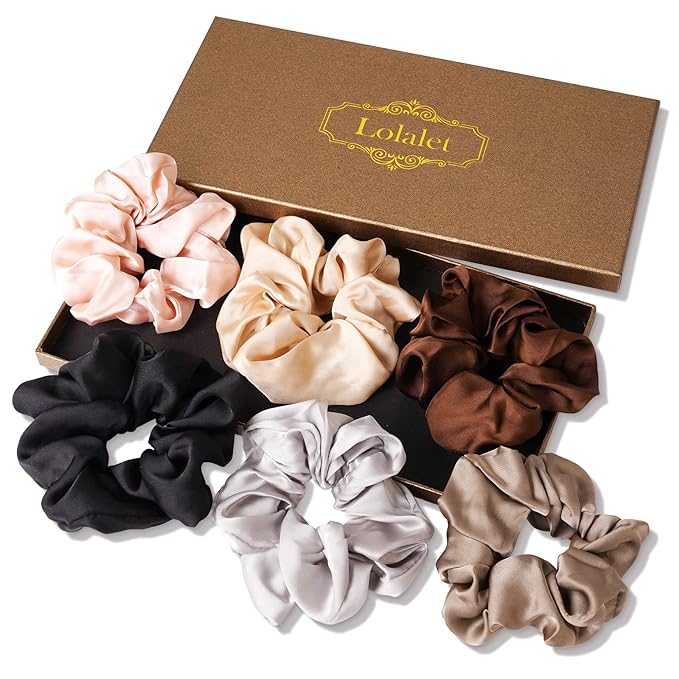 Lolalet Scrunchies for Women, Satin Hair Softer Than Silk Ties Sleep, Big Scrunchy Ponytail Holder with Elastic Bands Girls Thick Thin Curly -6 Pack, Style A