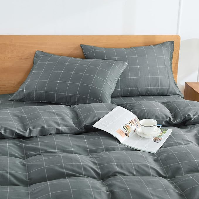 JELLYMONI 100% Natural Cotton Plaid King Pillowcases Set, 2 Pack Dark Gray with White Grid Geometric Pattern Printed Pillow Covers with Envelope Closure(Pillows are not Included)