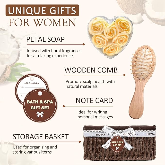 Christmas Gifts For Women - 16 PCS Birthday Gift Basket for Women Set of Coconut Vanilla Self Pampering Set, Includes Luxurious Home Spa Shower Gel Bubble Bath