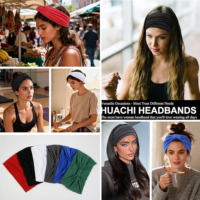 Huachi Headbands for Women, Wide Elastic Head Bands Non Slip, Thick Workout Headband Sweat Bands, Soft Large Knotted Hair Band Turban Headwraps for Washing Face, Makeup, Sport, Running(Pack of 6)