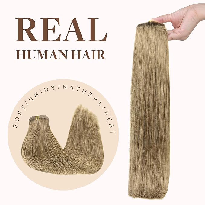 GOO GOO Clip in Hair Extensions Real Human Hair, Remy Human Hair Extensions Clip ins for Women, Natural Human Hair, 18inch 130g 7Pcs, 7 Bronde