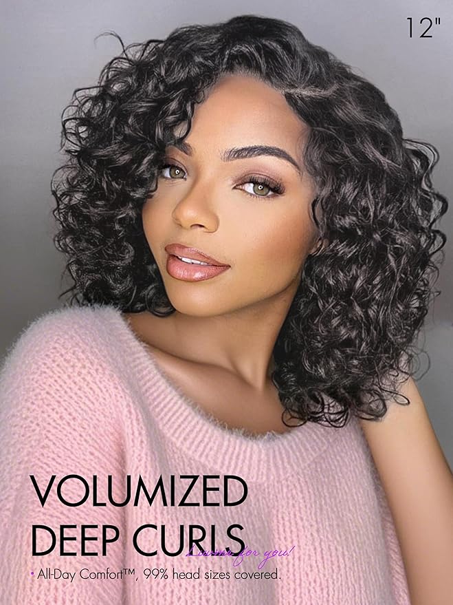 LUVME HAIR 100% Human Hair Wigs Curly Deep Wave Glueless Lace Front 14 Inches, Pre Cut Plucked Hd Lace Short Wig Ready To Go Natural Color Straight Bleached Knots Side Part Black Wigs