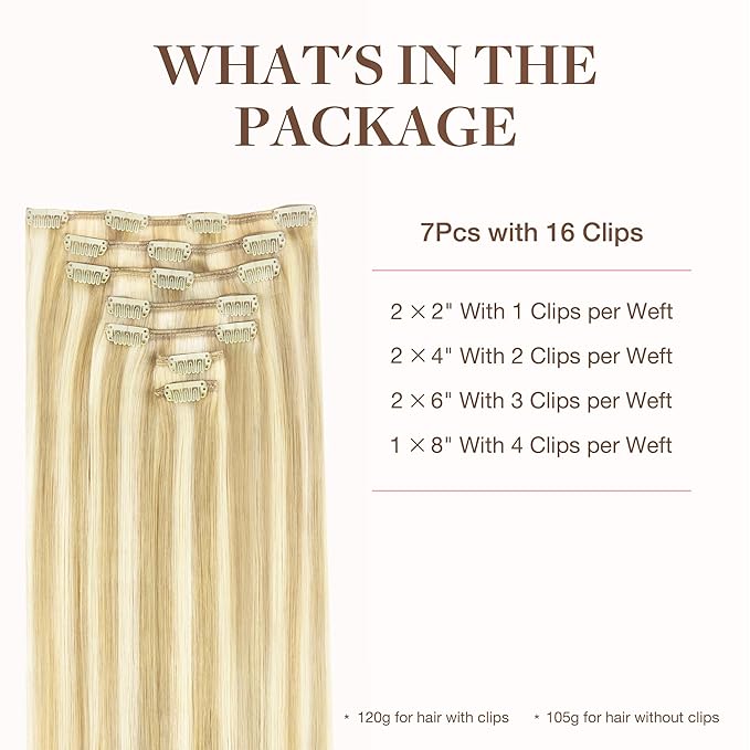 GOO GOO Clip in Hair Extensions Real Human Hair, Remy Human Hair Extensions Clip ins for Women, Natural Human Hair, 14inch 120g 7Pcs, 18D/22F Dirty Blonde Highlights
