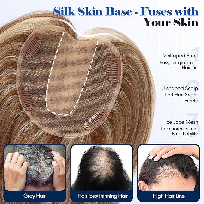 HAIRCUBE Hair Toppers For Women With Thinning 5"*5" Large Base Real Hair Toppers For Women, 14 Inch For Hand-Woven, 60g, Silk, Natural, Realistic, Use Daily, Hairloss,Brown Mixed Blonde, No bangs