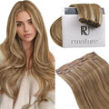 RUNATURE Blonde Clip in Hair Extensions, Real Human Hair Clip in Extensions, Remy Hair Extensions Clip Ins, Add Hair Volume, 14 Inch 50g 3pcs #10P16 Dark Blonde Highlight Caramel Blonde