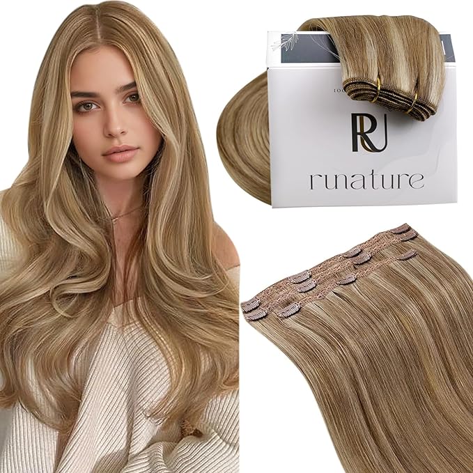RUNATURE Blonde Clip in Hair Extensions, Real Human Hair Clip in Extensions, Remy Hair Extensions Clip Ins, Add Hair Volume, 14 Inch 50g 3pcs #10P16 Dark Blonde Highlight Caramel Blonde